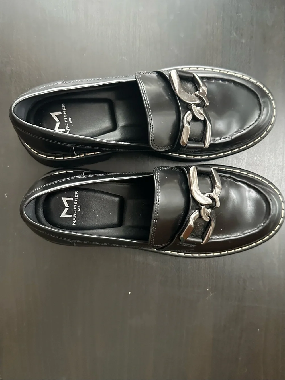 Marc Fisher Black Chunky Loafer with Silver Chain size 7.5